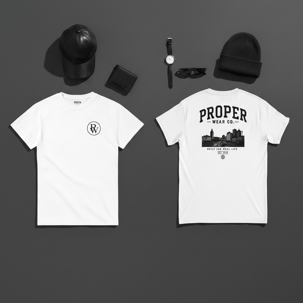Flat lay of a heavyweight t-shirt styled as part of a streetwear outfit